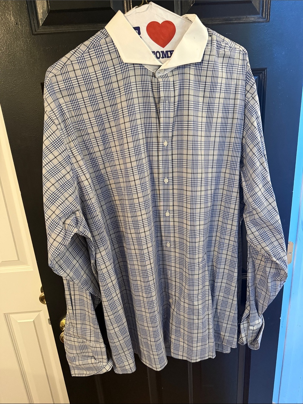 Sean John Blue Plaid Dress Shirt with White Contrast Collar 37/38